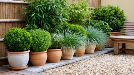 Fototapeta premium Potted plants creating a tranquil outdoor garden scene