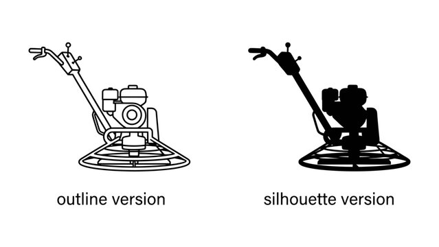 Power Trowel Outline and Silhouette: Two distinct representations of a power trowel, one an intricate line drawing and the other a stark black silhouette, showcasing the industrial tool.