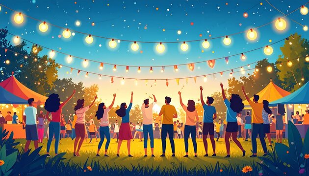 Vibrant Outdoor Festival Scene with Diverse Group of People Celebrating Under String Lights.