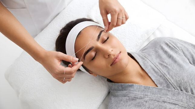 Esthetician threads eyebrow of relaxed client wearing headband and robe lying on spa bed calmly