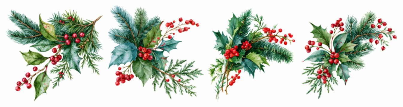 Watercolor christmas collection offering various botanical arrangements with holly branches, pine needles, red berries, and cedar foliage, creating festive winter holiday elements