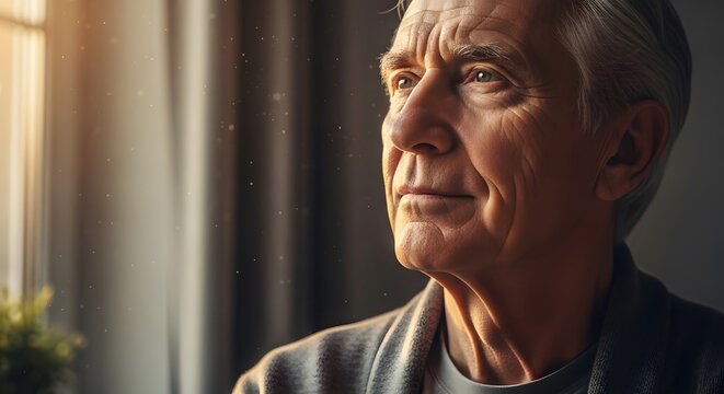A pensive elderly man gazes out of a window, illuminated by warm sunlight with floating dust motes in a quiet room.
