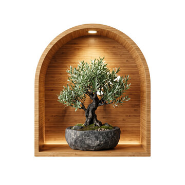 Small olive tree in a stone pot inside a wooden arched wall niche with warm interior lighting