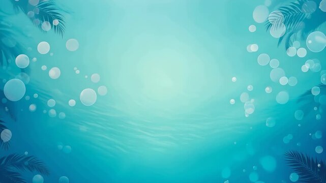 Blue underwater scene with bubbles and faint palm leaves silhouettes