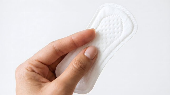 Hand holding soft sanitary napkin pad against plain white background closeup view gently today carefully now