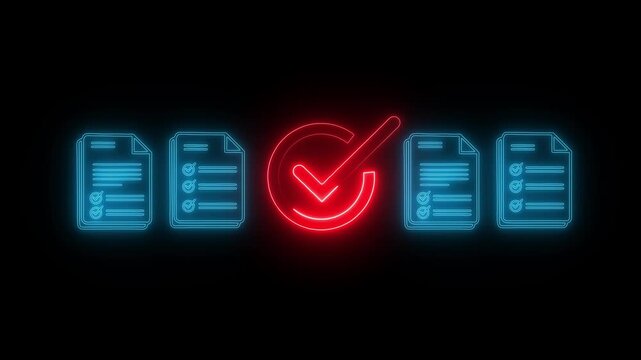 Glowing neon check list animated outline icon. Checklist line icon animation. document marking, mark icon 4k