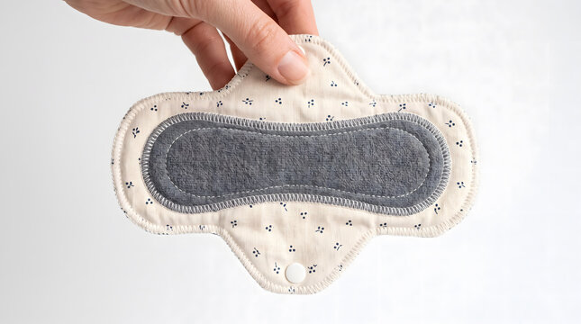 Hand holding reusable cloth sanitary pad with patterned fabric on white background closely today gently now