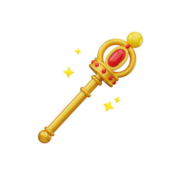 Golden royal scepter with red gem and sparkling stars, symbol of power and authority