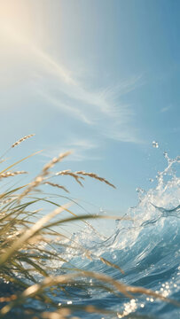 Ocean Wave Splash with Beach Grass Under Sunny Blue Sky