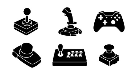 Retro video game controller icons, black joystick and gamepad vector set, gaming hardware © MD