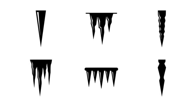 Black icicle silhouette vector set, winter ice stalactite icons, frozen drip design elements