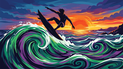 Surfer Riding Dynamic Wave at Dramatic Sunset, Vibrant Ocean Sport Lifestyle Illustration © Nimker harva