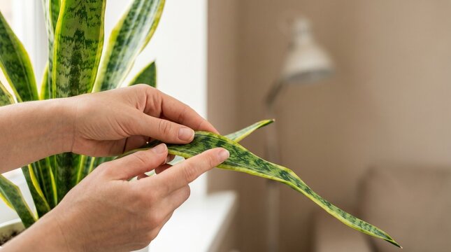 person trimming a snake plant leaf.