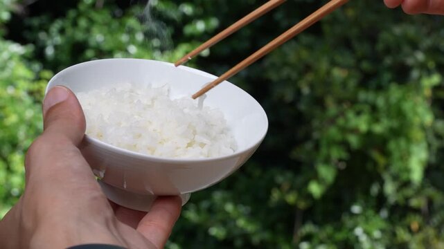 茶碗から炊き立て"ごはん"を箸で摘み上げる(箸上げ)4Kスローモーション動画