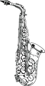 Classical saxophone musical instrument detailed line art illustration isolated on a solid white background vector