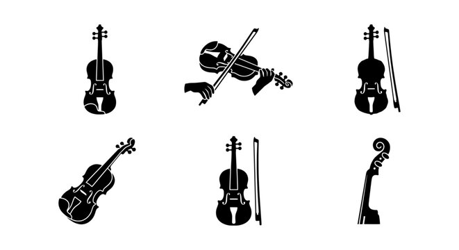 Violin icon set in black and white, classical music instrument vector illustrations