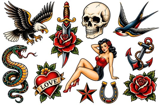 Traditional tattoo art collection with skulls and roses. Vintage flash designs featuring eagles, hearts, and pinup girls for creative projects.