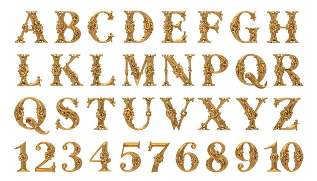 Complete alphanumeric character set in gold foil typography. Elegant uppercase, lowercase letters and numbers for branding and design projects.