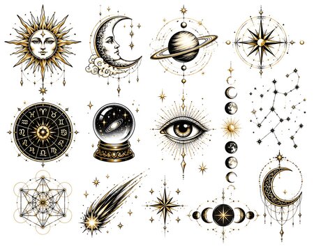 Hand-drawn zodiac signs and celestial symbols illustration. Astrology chart with planets, stars, and mystical elements in black and white.