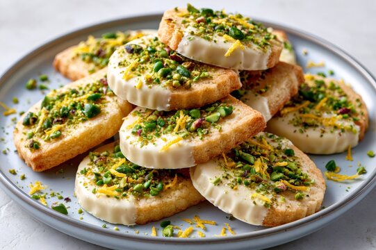 Pistachio shortbread cookies with white chocolate and lemon zest