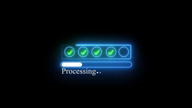 neon 5 step infographic process with check mark icon. infographic step by step process icon animation Neon progress bar with glowing checkmarks animation on black background,