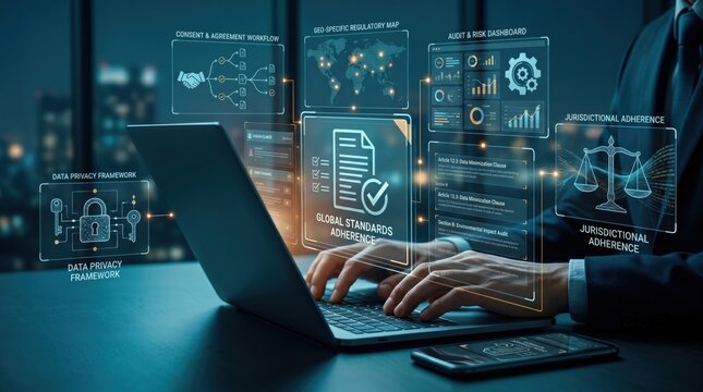 Business professional managing data privacy and global compliance standards on laptop, cybersecurity and regulatory adherence dashboard concept