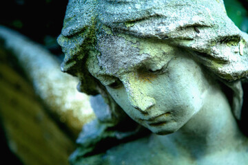 Fototapeta premium Close-up of a weathered stone angel statue with bowed head, symbolizing peace, remembrance, compassion, and eternal hope.