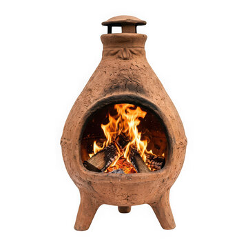 Traditional clay chiminea outdoor fireplace with burning wood logs isolated on transparent background