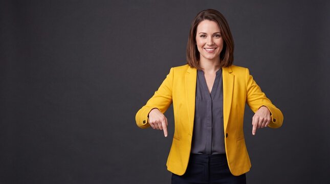 A woman wearing a bright yellow blazer and a gray blouse stands against a dark gray ad social media download thambnail template event festive festival 2026 2027 2028
