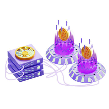 3D Cryptocurrency Server Mining Farm with Blockchain Coins and Power