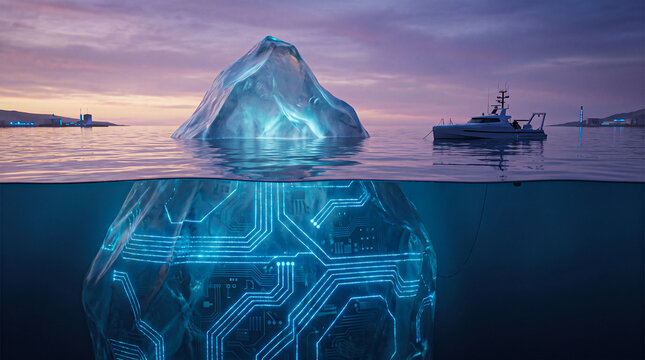 Conceptual representation of data hidden underwater like an iceberg with technology underwater computer information abstract oceanography complexity intelligence innovation artificial