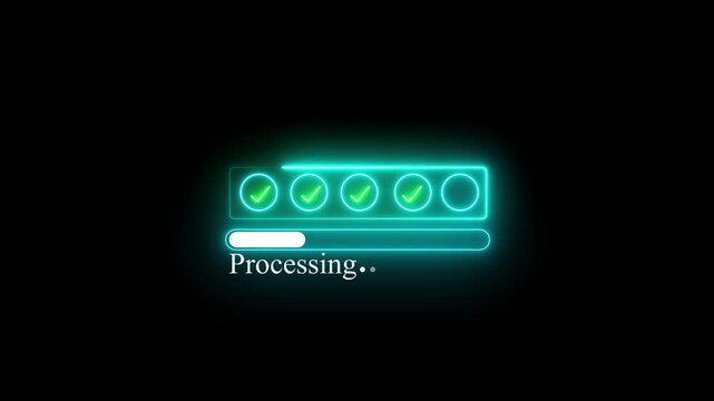 neon 5 step infographic process with check mark icon. infographic step by step process icon animation Neon progress bar with glowing checkmarks animation on black background,