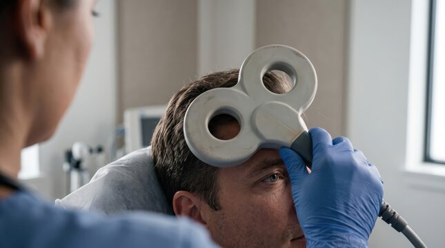 Close-Up of Clinician Placing TMS Figure-8 Coil on Patient's Forehead