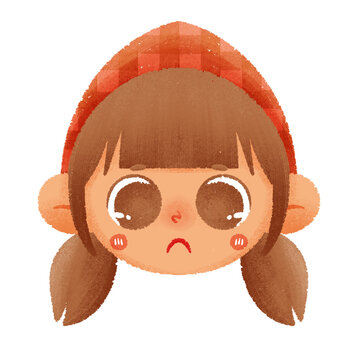 Cute little girl pouting with sad face, grumpy kid character illustration with downturned mouth, disappointed child avatar with crayon texture, isolated