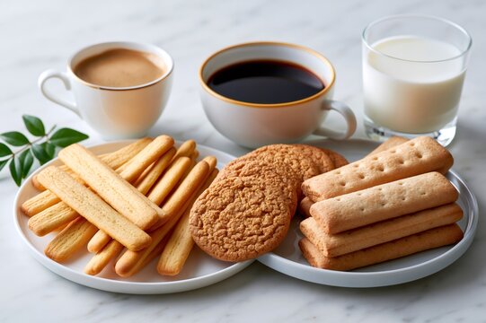 Assorted cookies and hot beverages for breakfast