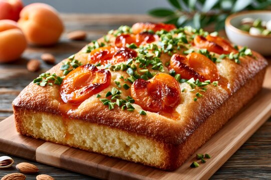 Apricot pistachio cake dessert with almonds and fruit