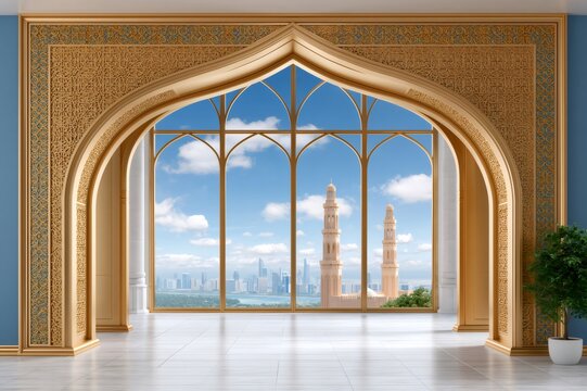 Islamic archway framing mosque minarets and city