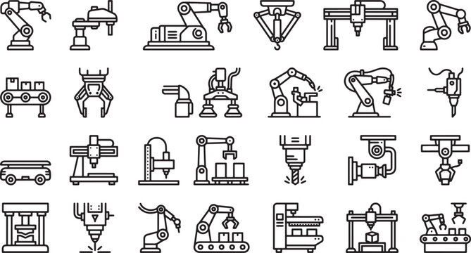 Industrial robotic arm and manufacturing machinery icons set in thin line style for factory automation systems