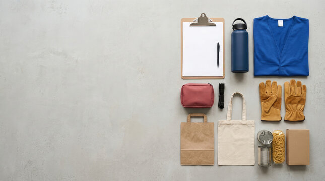 Charity food donation and volunteer supply kit with blue vest, canned food, and clipboard on gray background with copy space