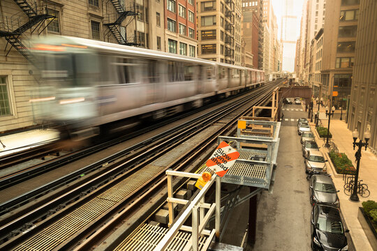 Elevated railway train on a bridge in Chicago Illinois USA