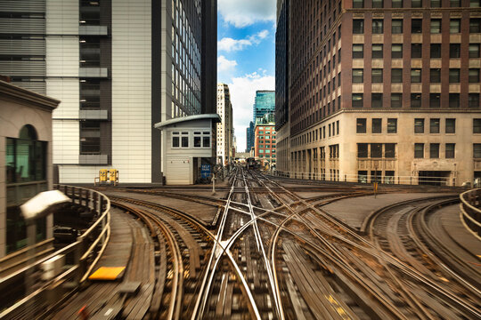 Elevated railway train tracks on a bridge in Chicago Illinois USA