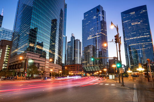 Downtown Chicago Illinois city street at night