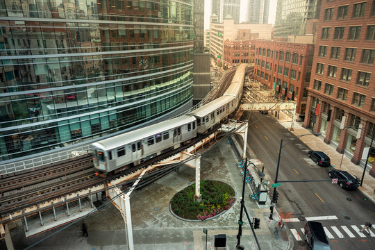 Elevated railway train on a bridge in Chicago Illinois USA