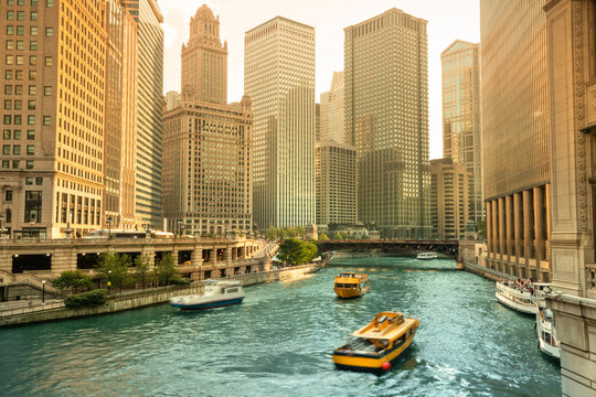 Chicago cityscape and ferry boats on the river