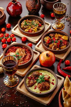 Traditional Georgian food feast on a dark table