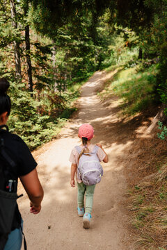 Young child walking along a forest trail.