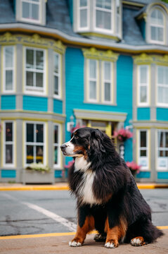 Bernese Mountain Dog sits on a quaint colorful street