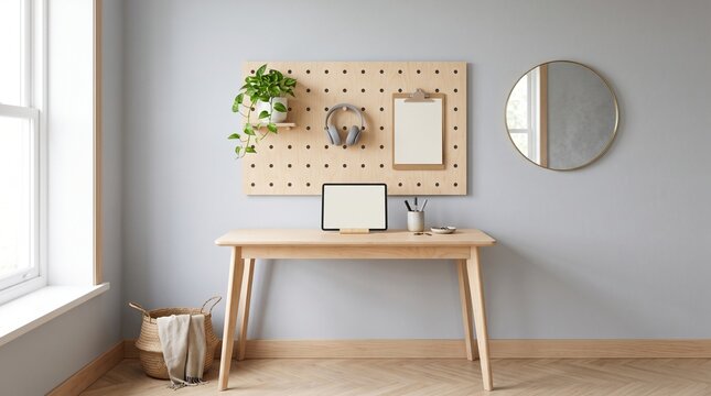 Modern home office workspace with desk and decor.