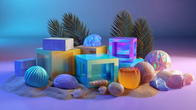 Pastel Geometric Display with Seashells and Tropical Elements