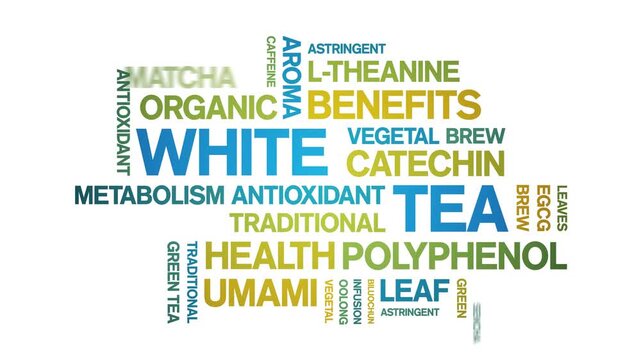 White Tea animated word cloud-animation tag kinetic typography seamless loop.
